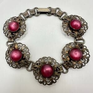 Vintage retro 1940s gold tone book chain red moonglow lucite cabochons bracelet